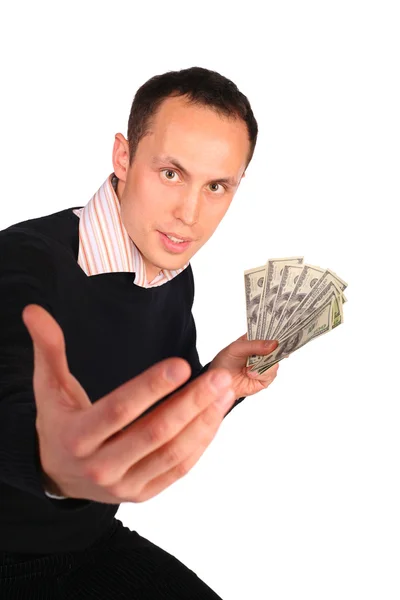 Mladý muž v černém s penězi zve — Stock fotografie