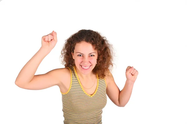 Angry young woman gestures by the hands — Stock Photo, Image