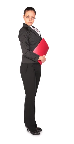 Beautiful brown-haired woman stands with red folder — Stock Photo, Image