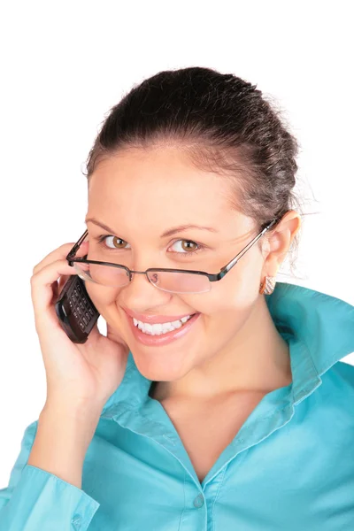 Young girl in glasses talks by phone — Stock Photo, Image