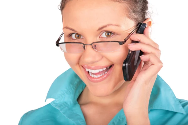Young girl in glasses talks by phone 2 — Stock Photo, Image