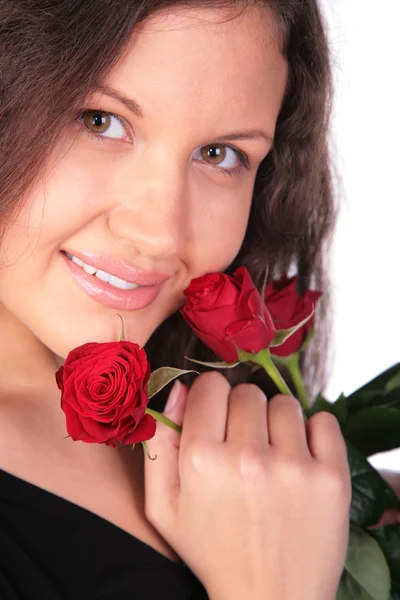 Portré fiatal lány piros rózsák — Stock Fotó