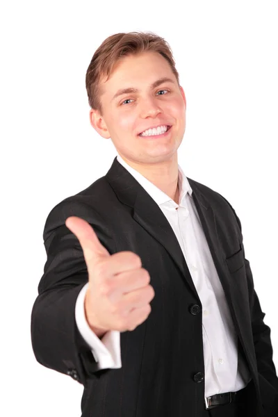 Young man in suit gives gesture — Stock Photo, Image