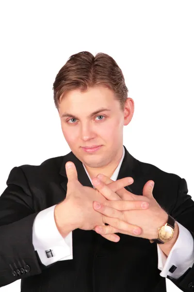 Young man in suit training fingers — Stock Photo, Image