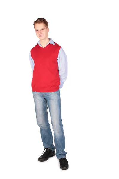 A fiú mögött kezében pózol piros kabát — Stock Fotó