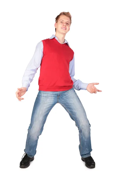 Мальчик в красной куртке танцует — стоковое фото