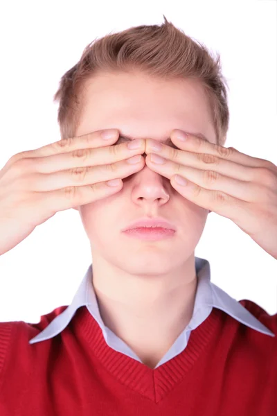 Jongen in rood jasje ogen sluiten — Stockfoto
