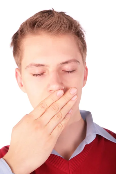 Αγόρι στο κόκκινο σακάκι απόκρυψη στόμα — Φωτογραφία Αρχείου