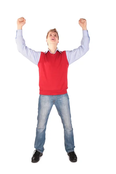 Jongen in rode jas hand omhoog — Stockfoto