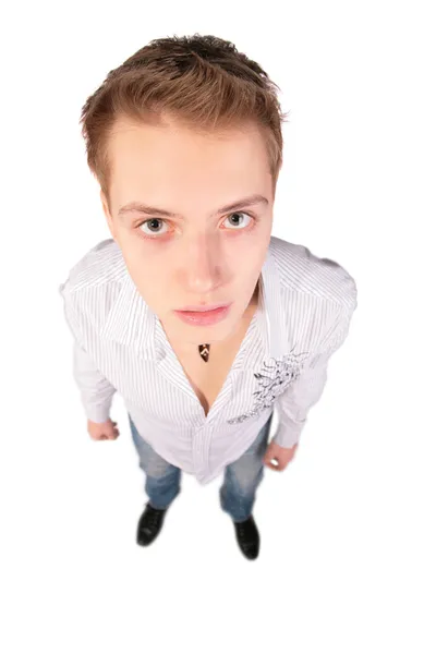 Хлопчик у білій сорочці вид зверху з перспективи — стокове фото