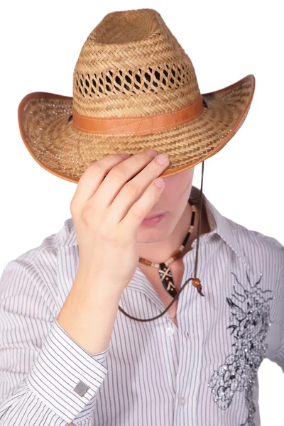 Chlapec skrýt gace s kloboukem — Stock fotografie
