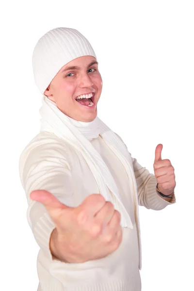 Young man in white tuque shows gesture — Stock Photo, Image