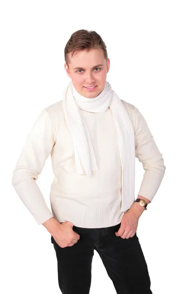 Jovem homem em branco suéter poses — Fotografia de Stock
