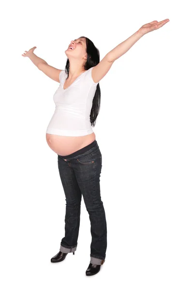 Беременная девушка, руки вверх — стоковое фото