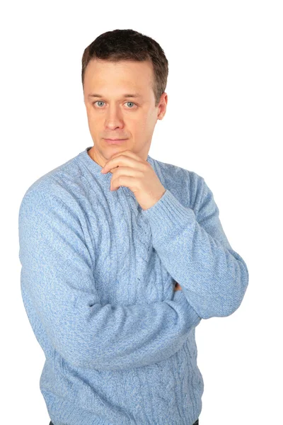 Pensive man in blue sweater — Stock Photo, Image