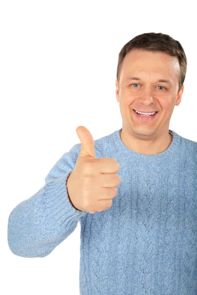 Man in blue sweater makes gesture by finger — Stock Photo, Image