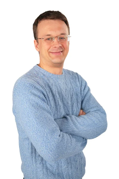 Usmívající se muž v modrém svetru a brýle — Stock fotografie