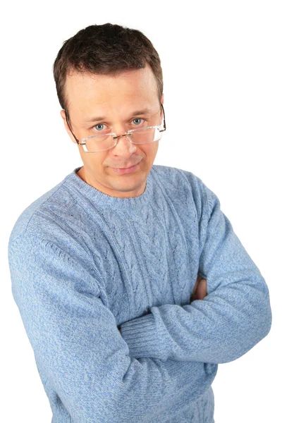 Uomo in maglione blu e occhiali — Foto Stock