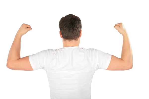 Hombre muestra bíceps desde atrás — Foto de Stock