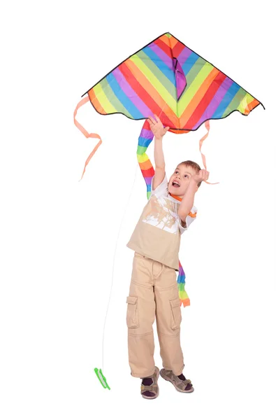 Boy starts kite — Stock Photo, Image