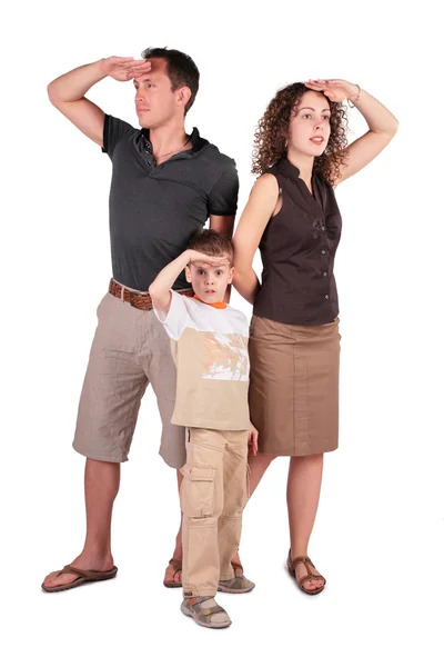Ojciec, syn i matka zwrócić uwagę na coś w trzy strony — Zdjęcie stockowe