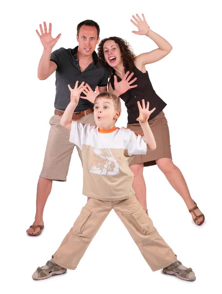 Son och föräldrar står med lyft händerna — Stockfoto