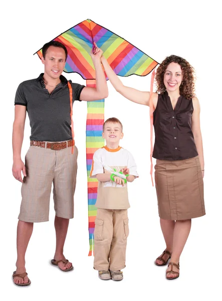 Föräldrar, son och färg kite — Stockfoto