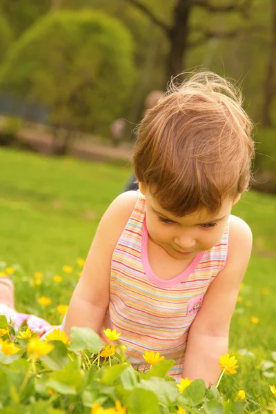 Lilla tjejen ser på gul blomma på gräsmattan — Stockfoto