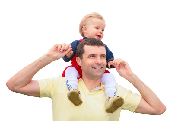 Child sits at father on shoulders — Stock Photo, Image