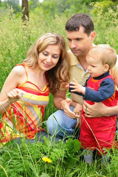 Parents with child sit in grass — Stock Photo, Image