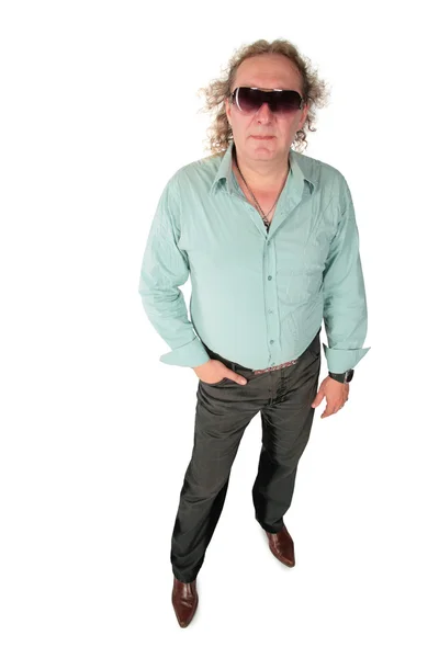 Standing big fat curly man in sunglasses — Stock Photo, Image