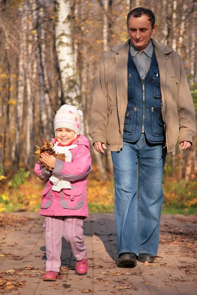 Дідусь з онукою ходить по дерев'яному флаєру в лісі восени — стокове фото