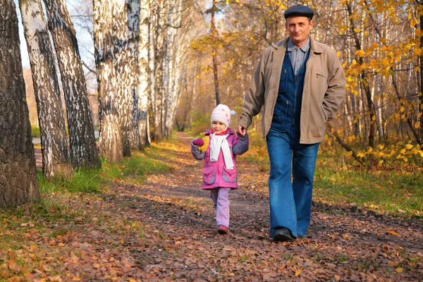 Grandfather with granddaughter walk in park in autumn — Stock Photo, Image