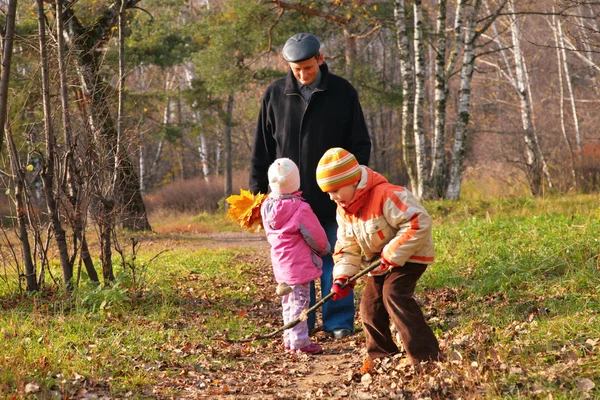 Grand-dad with grandsons in forest in autumn — Stock Photo, Image