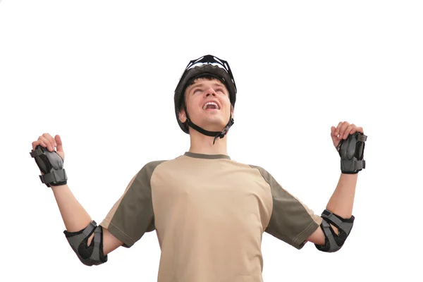 Guy in sports helmet with rised hands — Stock Photo, Image