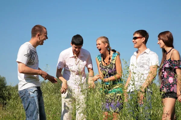 Group of friends stands among grass — Stock Photo, Image
