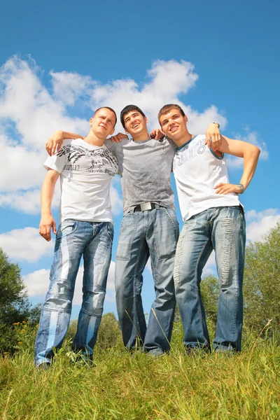 Three friends stand on grass — Stock Photo, Image