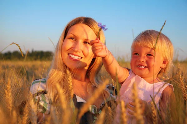 Mãe com criança sente-se no campo de trigo com cornflower — Fotografia de Stock