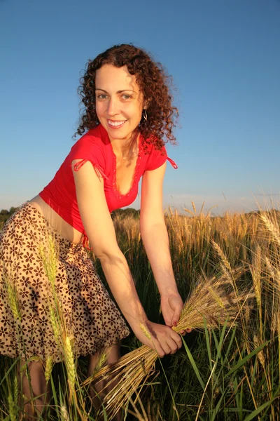 Młoda kobieta z zarabia na polu pszenna — Zdjęcie stockowe