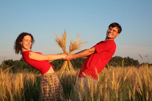 Пара держит для рук пшеничное поле — стоковое фото