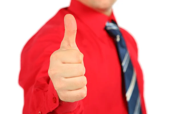 Affärsman i röd tröja gör gest ok — Stockfoto