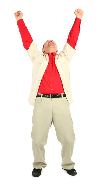 Businessman in red shirt with rised hands — Stock Photo, Image