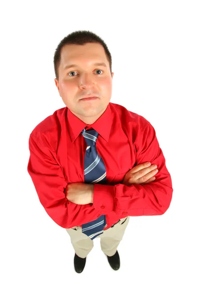 彼の手の交差、トップ ビューと赤いシャツのビジネスマン — ストック写真