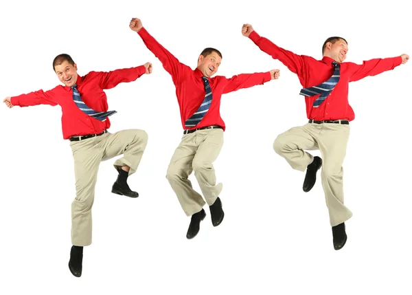 Hombre de negocios dinámico contento en saltos de camisa roja —  Fotos de Stock