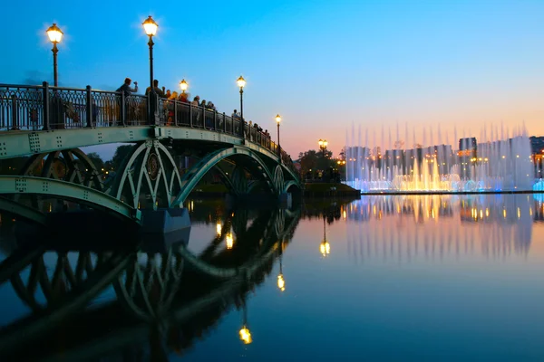 Op de brug en fontein op zonsondergang — Stockfoto