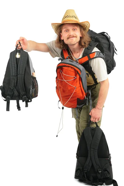 Man med ryggsäckar i stråhatt — Stockfoto