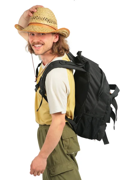 Traveller with backpack in straw hat — Stock Photo, Image