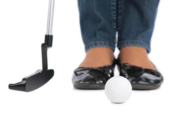 Nohy, hůl a míček pro golf — Stock fotografie