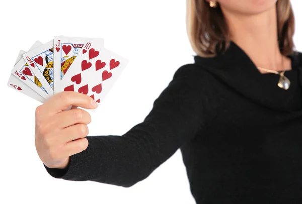 Mulher segura cartão na mão — Fotografia de Stock