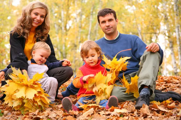 Familia con hojas de arce amarillo en madera en otoño — Foto de Stock